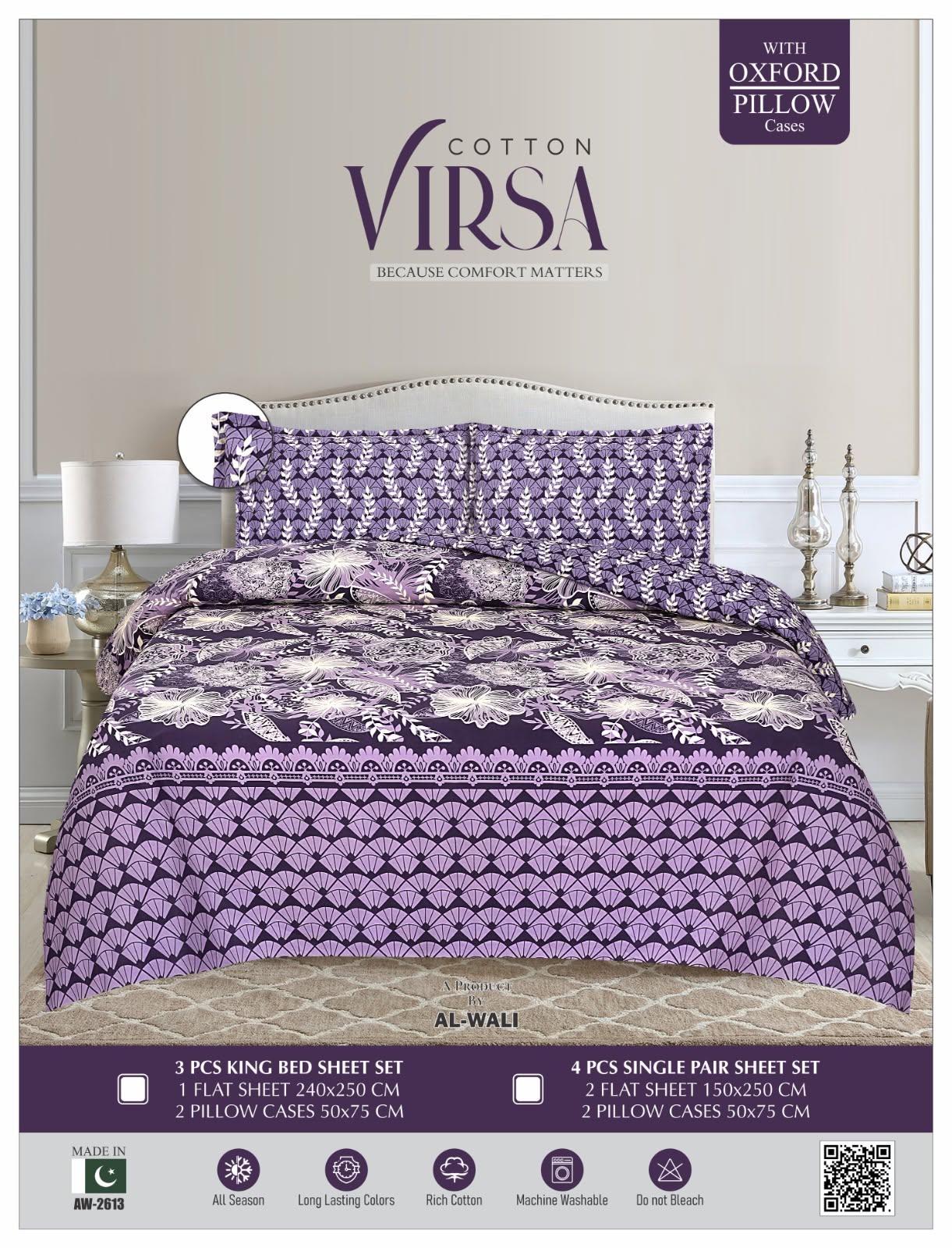 Virsa Bedsheet Cotton 3pcs – Purple Lavender Floral Scallop