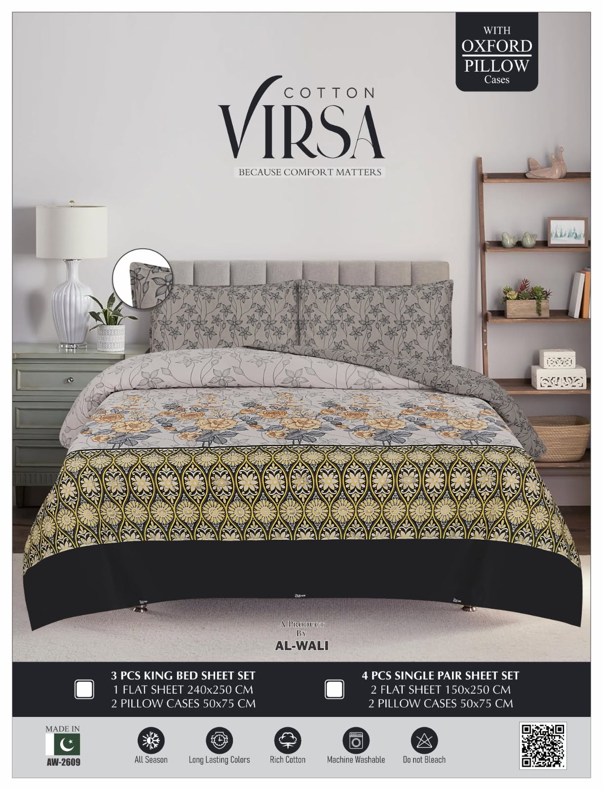 Virsa Bedsheet Cotton 3pcs – Grey Floral Gold Diamond Border