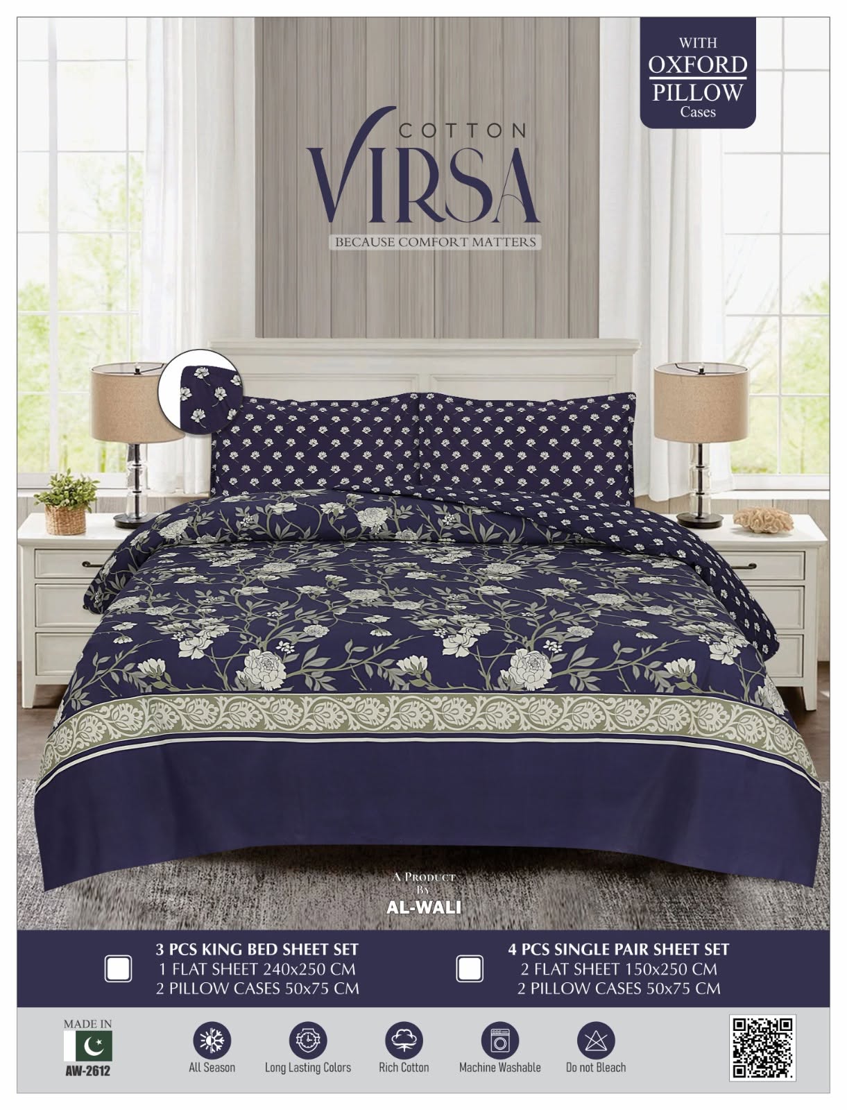 Virsa Bedsheet Cotton 3pcs – Navy Floral Olive Border