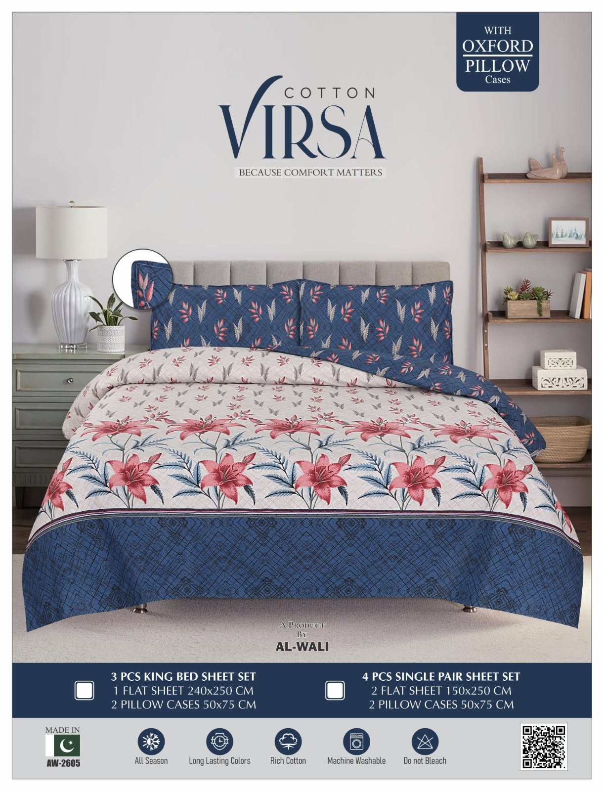 Virsa Bedsheet Cotton 3pcs – Cream Lily Floral Navy Border