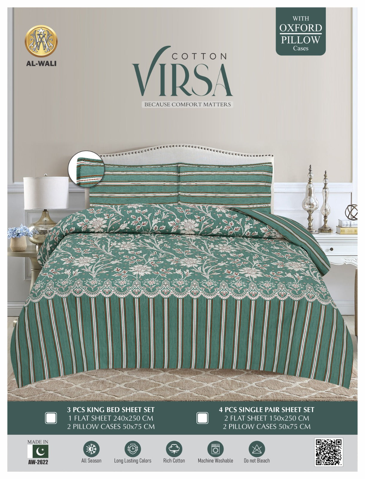 Virsa Bedsheet Cotton 3pcs – Sage Green Floral Scallop