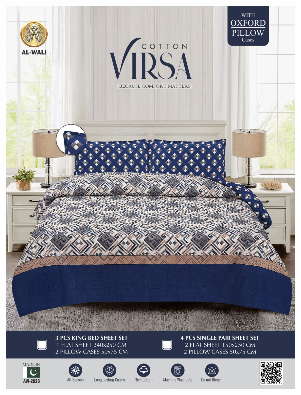 Virsa Bedsheet Cotton 3pcs – Navy Maze Geometric