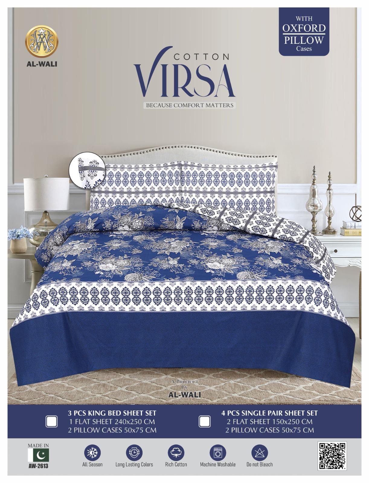 Virsa Bedsheet Cotton 3pcs – Slate Blue Damask Bloom