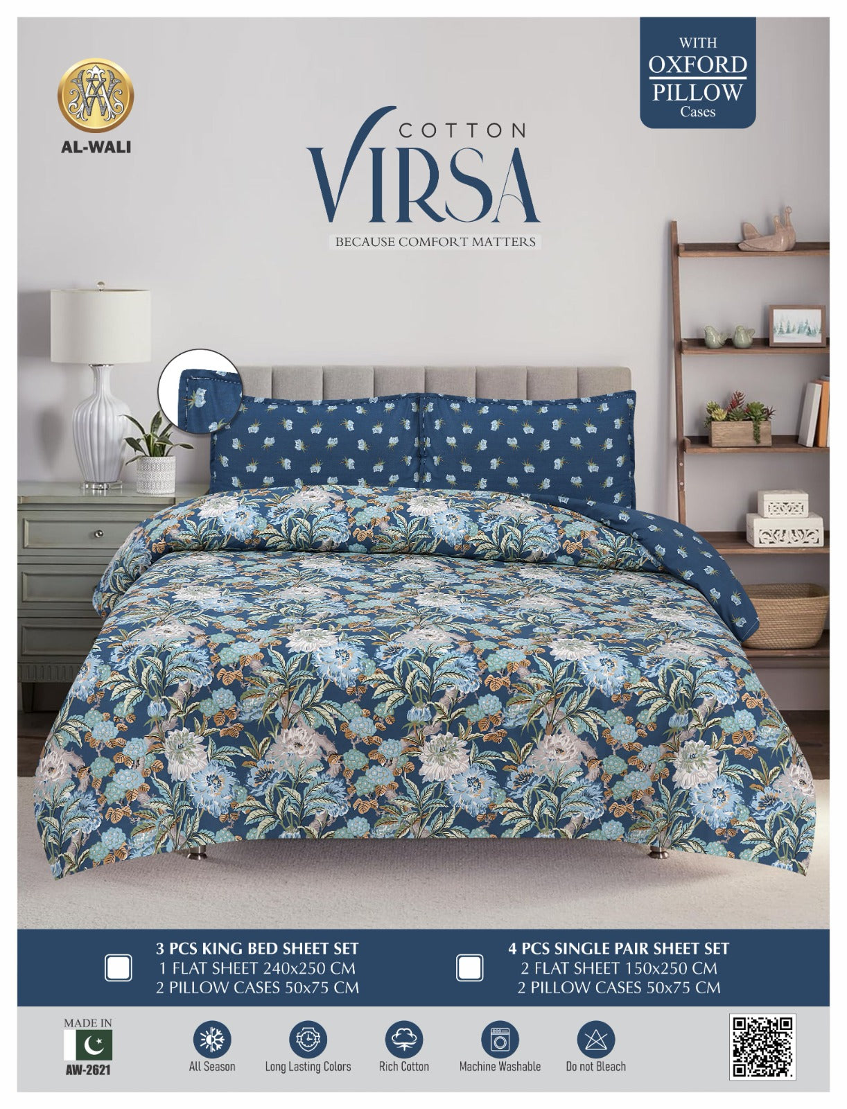 Virsa Bedsheet Cotton 3pcs – Midnight Chrysanthemum