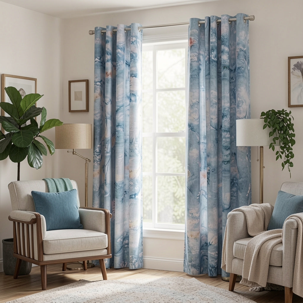 Pair of Digital Printed Curtains Blue Shaded